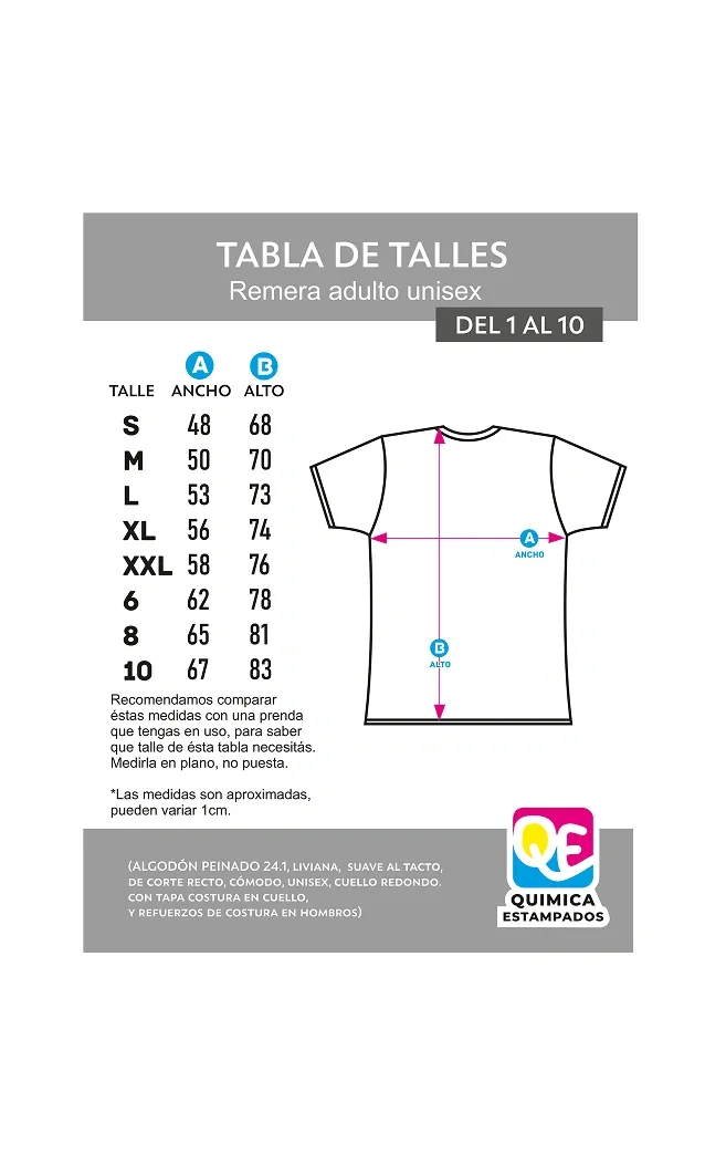 Tabla de talles unisex